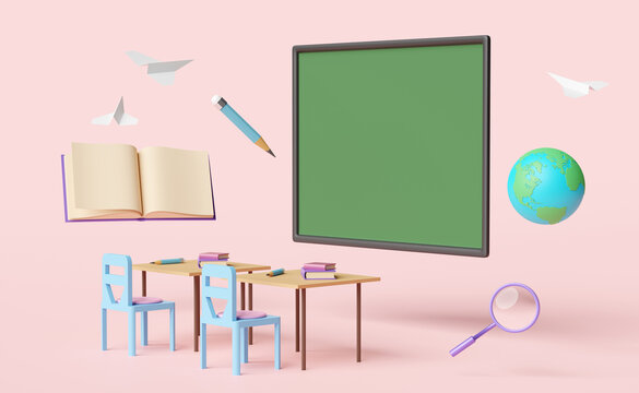 green blackboard with globe,paper plane,student desk,chair,magnifying,open book isolated on pink background.room online innovative education,e-learning concept,3d illustration or 3d render