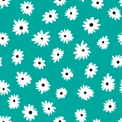 Cute chamomiles seamless pattern. Hand-drawn white flowers on turquoise blue-green background. Chintz modern design.