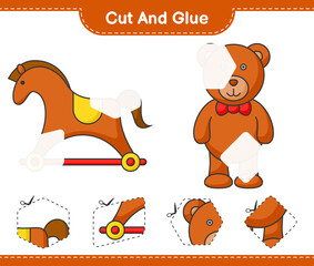 Cut and glue, cut parts of Teddy Bear and Rocking Horse. And glue them. Educational children game, printable worksheet, vector illustration