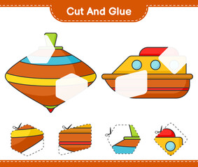 Cut and glue, cut parts of Boat and Whirligig Toy. And glue them. Educational children game, printable worksheet, vector illustration