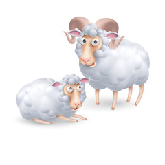 Cute and Funny Two White Sheep Characters. Cartoon Illustration of Pair Sheep on White Background. Perfect Template for Children Event Designs, Birthday Cards, or Book Covers