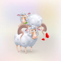 Cute and Funny White Sheep Characters in Love. Cartoon Illustration of Pair Lovers Sheeps. Perfect Template for Greeting Valentines Day Card