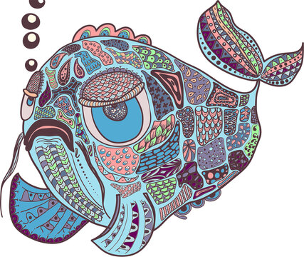 Big colorful fish pictured in doodle style