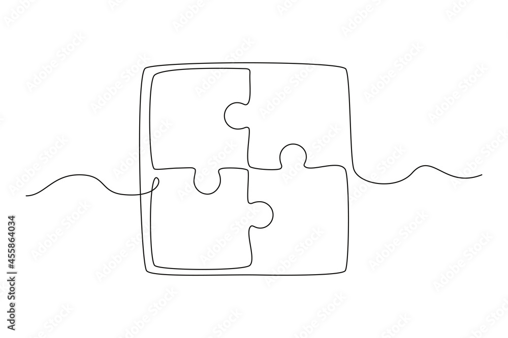 Aufkleber continuous one line drawing of a joined pieces of puzzle game on white background. teamwork, coopera