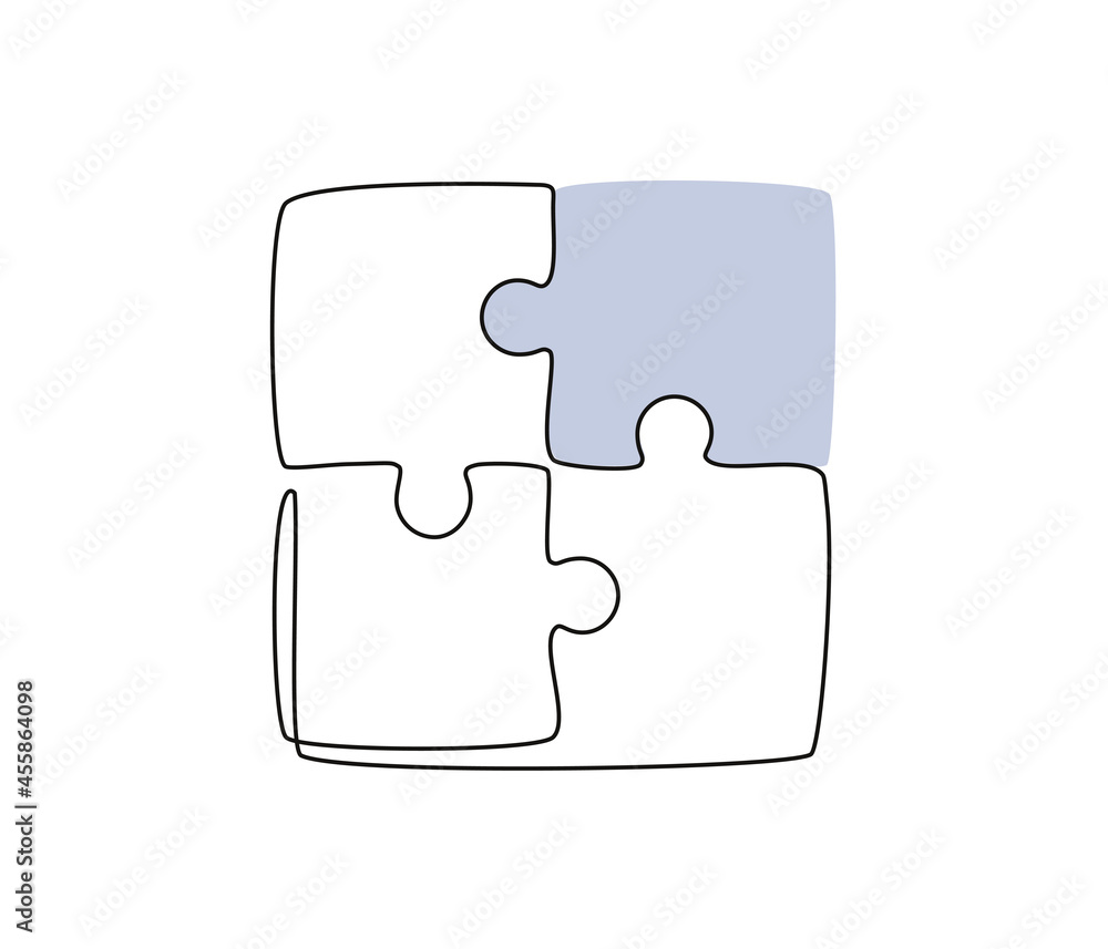 Aufkleber continuous one line drawing of a joined pieces of puzzle game. group teamwork, cooperation and busin
