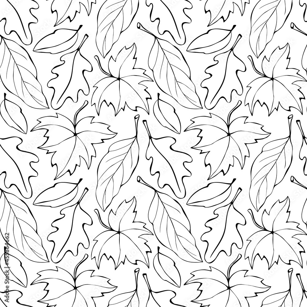 Wall mural seamless pattern falling leaves. vector autumn texture isolated, outline, sketch style. concept of f