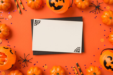 Top view photo of halloween decorations black envelope web on white card pumpkin baskets candy corn spiders straws and violet sequins on isolated orange background with blank space