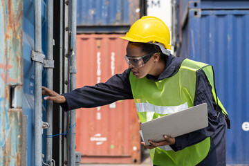 Female technician worker working at the commercial dock. African American female worker using...