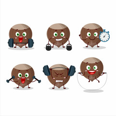 A healthy hazelnut cartoon style trying some tools on Fitness center