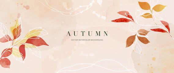 Autumn background design  with watercolor brush texture, Flower and botanical leaves watercolor hand drawing. Abstract art wallpaper design for wall arts, wedding and VIP invite card.  Vector EPS10