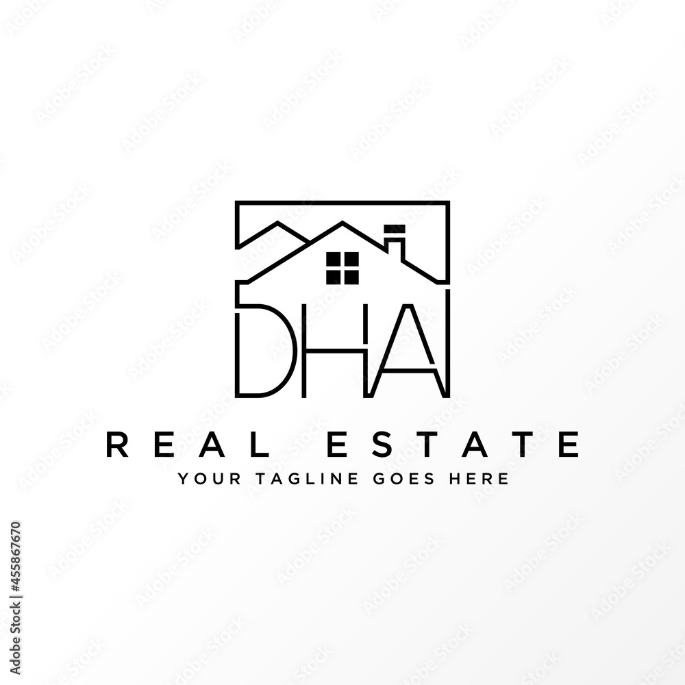 Poster letter or word dha sans serif font with line roof house image graphic icon logo design abstract conc