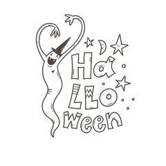 Doodle card with cute cartoon ghost. Fabulous fictional character. Halloween poster. Vector contour image.