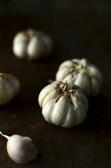 Bunch of fresh garlic on the wooden table