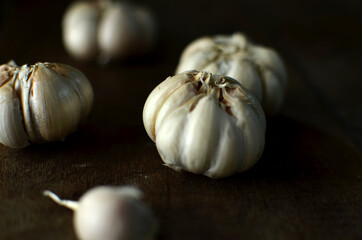 Bunch of fresh garlic on the wooden table