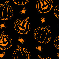 halloween seamless pattern. pumpkins and spiders hand drawn doodle. vector, scandinavian, minimalism, . horror, traditional. textiles, wrapping paper, wallpaper, background.