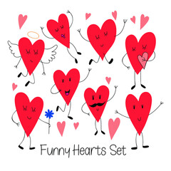 Cute vector Set of funny Hearts.