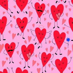 Cute seamless pattern with funny hearts.