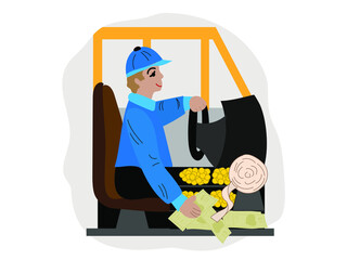 Public transport driver drives a bus and accepts fare, issues tickets on white isolated background. Illustration for transport companies from informing passengers to pay for travel.