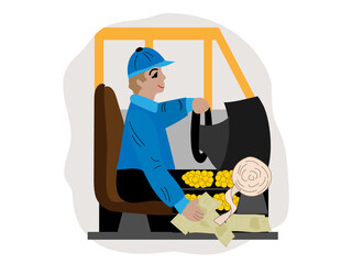 Public transport driver drives a bus and accepts fare, issues tickets on white isolated background. Illustration for transport companies from informing passengers to pay for travel.