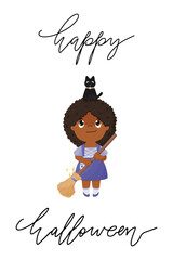 Cute black girl with afro hairstyle dressed like witch. Beautiful African American kid in sorceress costume for Halloween party. Vector illustration with hand lettering. 