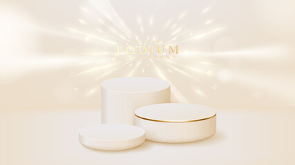 Realistic podium with golden neon light effects background, luxury 3d style concept backdrop. vector illustration.