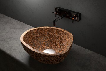 Red granite sink with water tap. 3d illustration