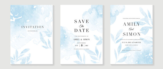 Blue and navy indigo floral and gold watercolor wedding invitation vector set. Luxury background and template layout design for invite card, luxury invitation card and cover template.