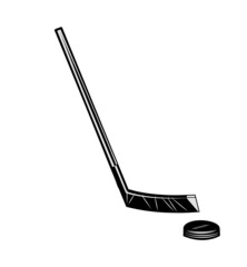 Hockey stick and puck. Sports equipment for athletes. Isolated on white background. Symbol, icon. Monochrome Illustration Vector