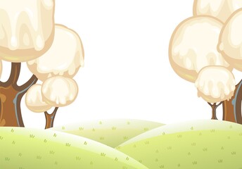 Fabulous sweet forest. Ice cream, drips of white milk cream. Trees with chocolate trunks. Cute hilly landscape for children. Isolated illustration. Vector