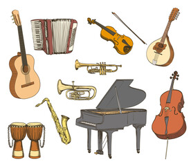Hand drawn set of acoustic musical instruments. vector illustration © Ghen