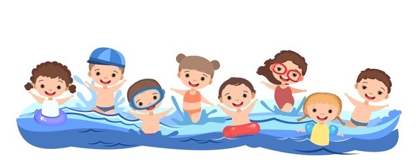 Children fun and splashing in water. Swimming, diving and water sports. Pool or beach. Isolated on white background. Illustration in cartoon style. Flat design. Vector art