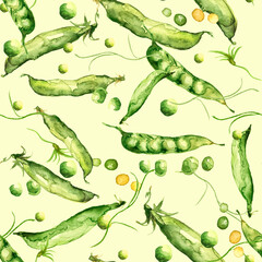 Seamless hand drawn watercolor pattern: sweet green pea pods and peas.pattern for fashion prints for printing fabrics, paper, background, cloth, packaging. Beautiful seamless pattern with green beans
