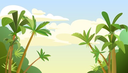 Palm trees in tropical forest. Jungle leaves. Cartoon flat style. Morning sky with white clouds. Beautiful summer landscape. Vector.