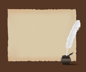Ancient horizontal scroll and white feather, old papyrus and quill vector illustration