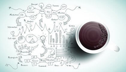 Coffee cup  for success with plan,think,search,analyze,communicate, futuristic idea innovation technology modern.vector