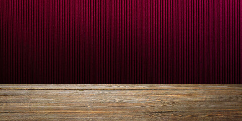 The background is blank wooden boards and a textured striped wall with gradient lighting and vignetting.