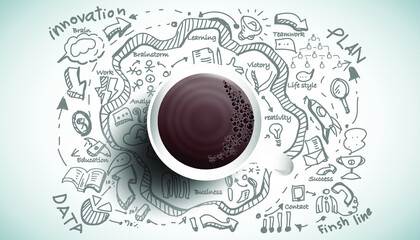 Coffee cup  for success with plan,think,search,analyze,communicate, futuristic idea innovation technology modern.vector