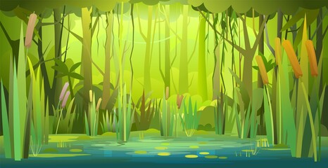 Green summer forest landscape. Swampy coast with cattails and reed. Flat style. Leaves of water lilies. Quiet river or lake. Wild overgrown pond on background of trees and bushes. Illustration vector