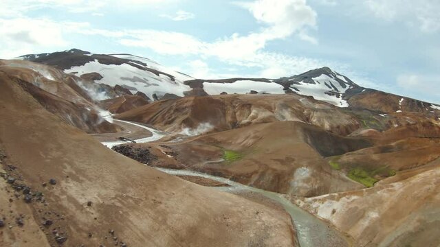 Scenic volcanic Kerlingarfjöll range with geothermal steam, FPV drone