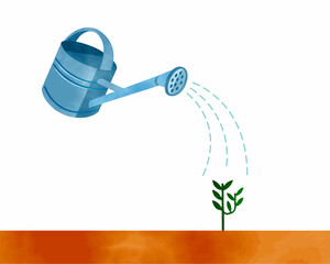 ジョウロで植物に水やり／手描き水彩／園芸 © Chimichanga