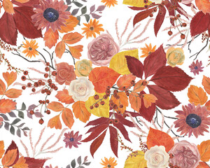 Aututmn flowers, leaves, berries seamless pattern. Watercolor wallpapaper - 455875605