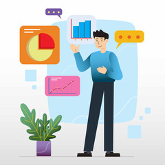 man presenting various charts in the office. Front look. Colorful flat cartoon vector icon.