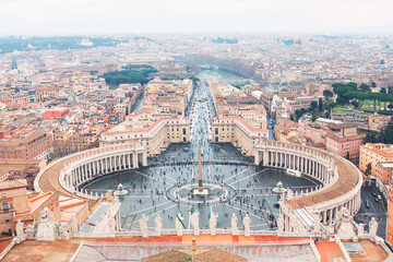 Aerial view of main square in Vatican . St. Peter's Square view from above . Famous architecture of Vatican 