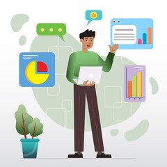 man presenting various charts in the office. Colorful flat cartoon vector icon. Front look. 