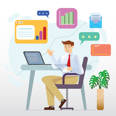 a man presenting in front of a desk with a laptop in the office. Front look. Colorful flat cartoon vector icon.