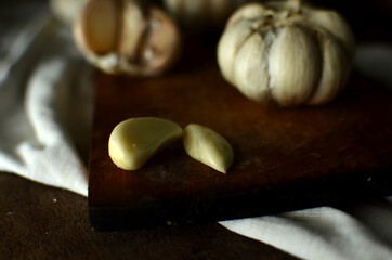 Bunch of Fresh garlic on wooden table
