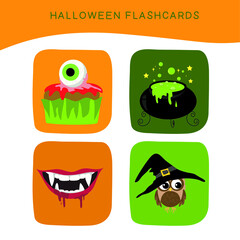 Halloween Flashcards for Children. Cute creepy Halloween flashcards collection. Printable game cards. Vector illustration.