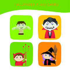 Halloween Flashcards for Children. Cute creepy Halloween flashcards collection. Printable game cards. Vector illustration.