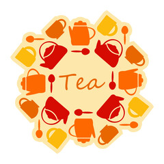 Cutlery, kettle, tea cups. Vector Template for design. Tea lettering. Flat object , silhouette