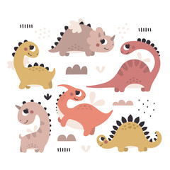 Cute Vector Set with Dinosaur Girls with plants, trees, bushes, stones in trendy boho colors